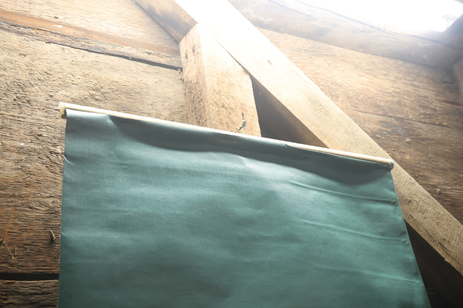 Lot 080 - Vintage Hand Painted Eyeball Art On Green Vinyl Window Blind,  26" Across x 73" Long Unrolled Including Hangers