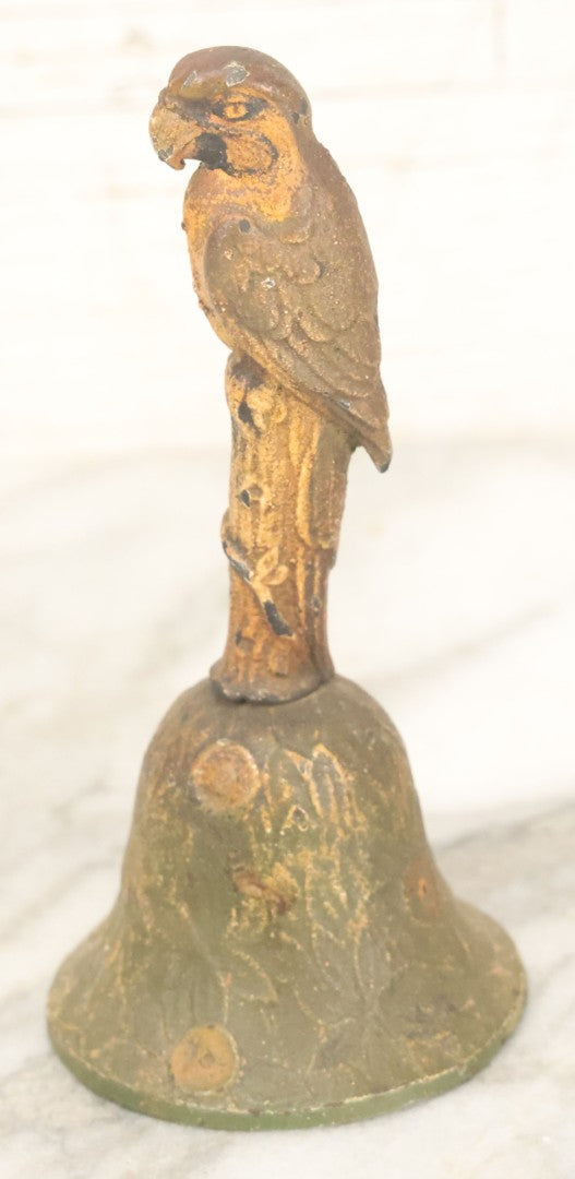 Lot 086 - Antique Cold Painted Tropical Style Brass Dinner Bell With Parrot Handle, Note Handle Somewhat Loose, Still Useable