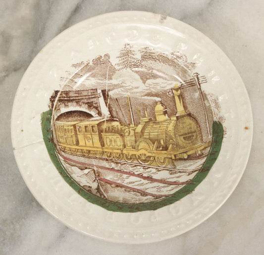 Lot 092 - Antique Transferware Child's Alphabet Plate With Locomotive Railroad Design, Makers Mark On Verso, Note Severe Crack