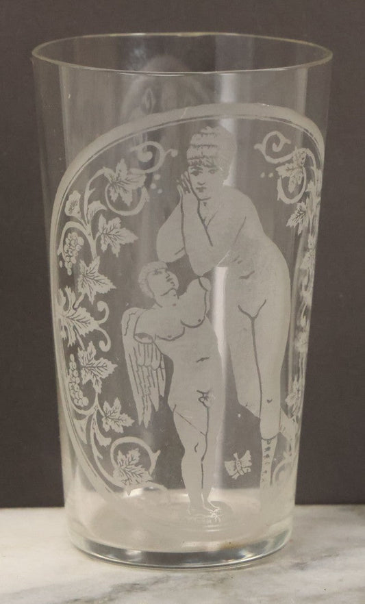 Lot 093 - Vintage Frosted Glass Drinking Cup With Nude Woman And Classical Statue Motif, Marked Truag, Paris, France, Note Minor Chip In Rim, 3-5/8" Tall