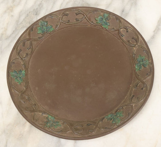 Lot 097 - Vintage Brown Painted Clay Plate With Branch And Leaf Forest Motif, Marking On Verso
