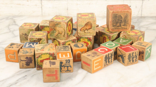 Lot 098 - Mixed Vintage Grouping Of 30+ Wooden Alphabet Blocks, Some With Animal Lithographs, Etc.