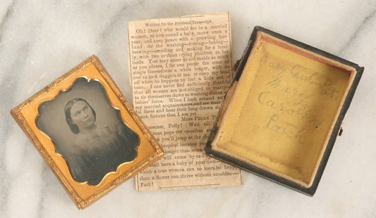 Lot 099 - Antique 1/9th Plate Ambrotype Photograph In Half Leatherette Union Case, Identified As Mary Caroline Patch With Advice Column Clipping From The Portland Transcript, Signed Ms. Polly Patch, As Found