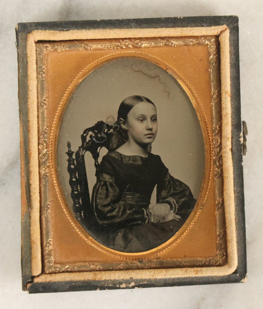 Lot 100 - Antique 1/9th Plate Ambrotype Photograph Of Young Girl With Soft Features And Tied Back Hair, In Half Leatherette Union Case