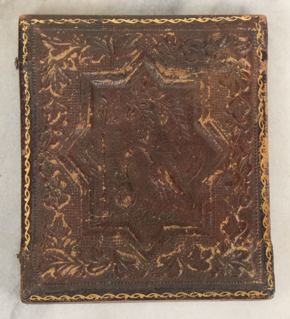 Lot 104 - Antique 1/6th Plate Tintype Photograph Of Toddler With Fur Cape, Tinted Lips And Cheeks, Jewelry, In Half Leatherette Case With Crane Motif