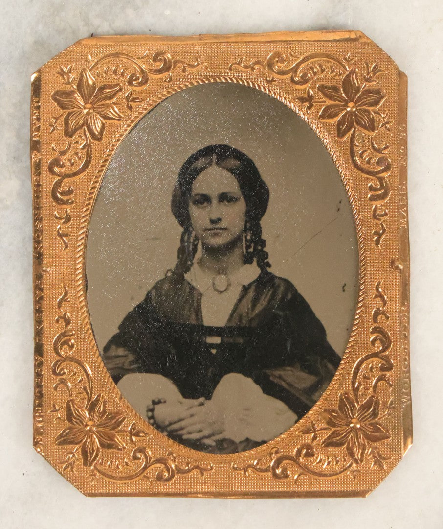 Lot 106 - Single Antique Tintype Photograph, Elegant Young Woman With Curly Hair, With Paper Backing, From French And Sawyers, Daguerrean Gallery, Richards' Block, Keene, New Hampshire