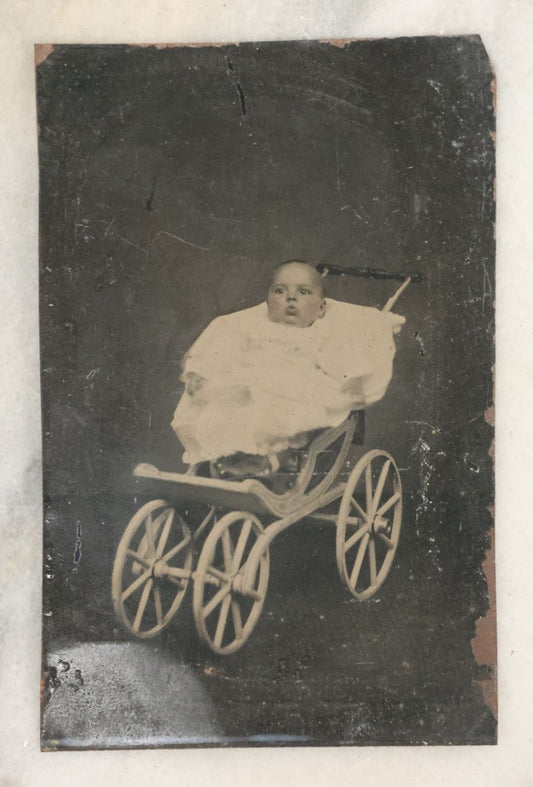 Lot 108 - Single Antique Tintype Photograph Of Pouting Baby In Victorian Pram Carriage