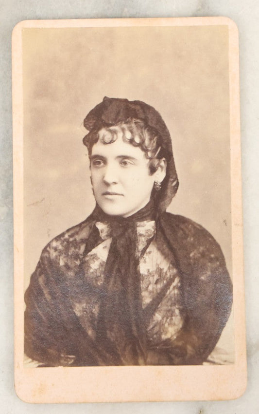 Lot 110 - Single Antique Carte De Visite C.D.V. Photograph Of Woman With Curly Bangs And Long Lacy Black Veil, New York Photographer
