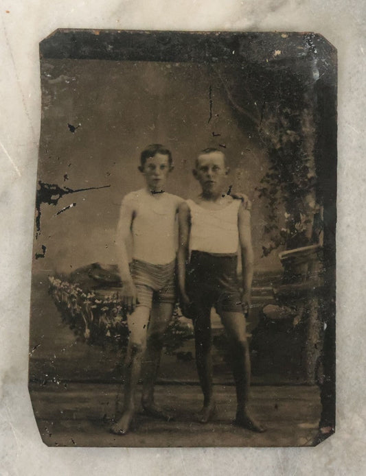 Lot 117 - Single Antique Tintype Photograph Of Two Young Boys In Front Of Outdoor Studio Backdrop In Swimsuits