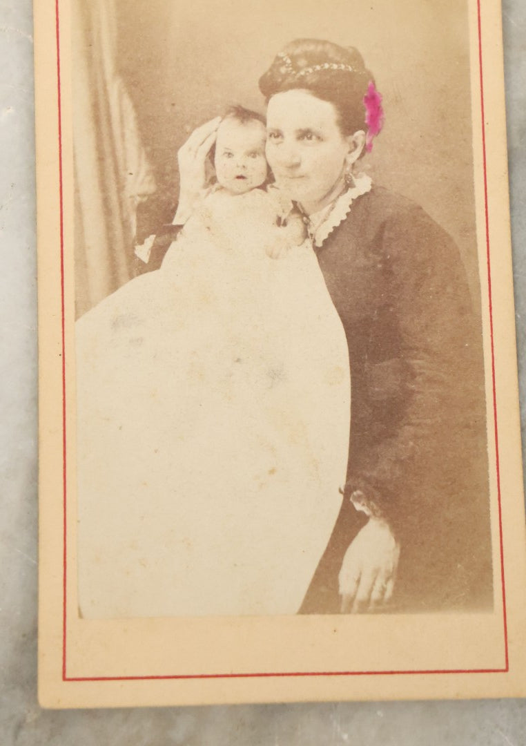 Lot 120 - Grouping Of 17 Antique Carte De Visite C.D.V. Photographs Of Men, Women And Children, Including Mother With Tiny Baby And Boy With Pink Tinted Bowtie