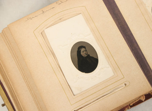 Lot 122 - Antique Cabinet Card And Tintype Family Photo Album, 10 C.D.V. Photos, 10 Tintypes, 4 Illustrated Album Filler Cards, Including Tintype Of Grandma Sherman In Mourning And C.D.V. Of Twin Girls