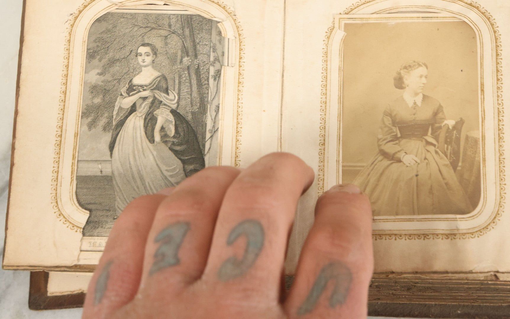 Lot 123 - Antique Cabinet Card And Tintype Family Photo Album, 3 C.D.V. Photos, 10 Tintypes, 2 Illustrated Album Filler Cards, Including Tintype Of Scowling Old Man And Illustrated Card Of Civil War Commander Foot, Cover With Harlequin And Fairy Motif