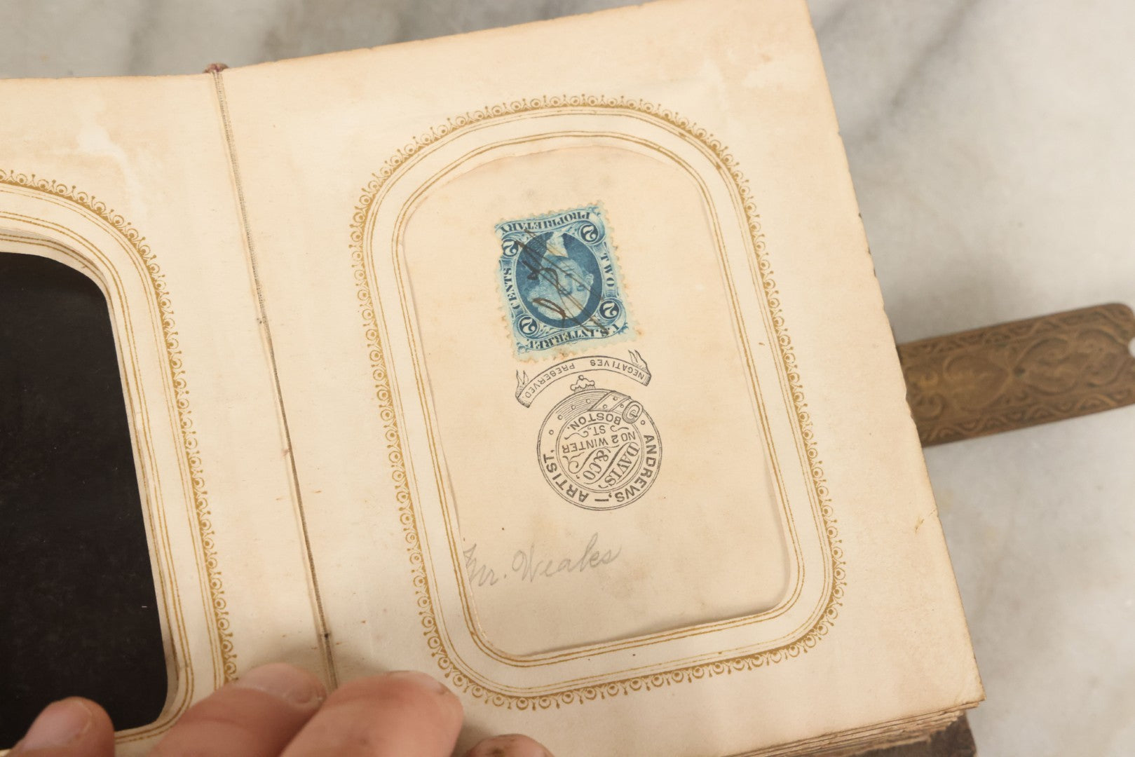 Lot 123 - Antique Cabinet Card And Tintype Family Photo Album, 3 C.D.V. Photos, 10 Tintypes, 2 Illustrated Album Filler Cards, Including Tintype Of Scowling Old Man And Illustrated Card Of Civil War Commander Foot, Cover With Harlequin And Fairy Motif