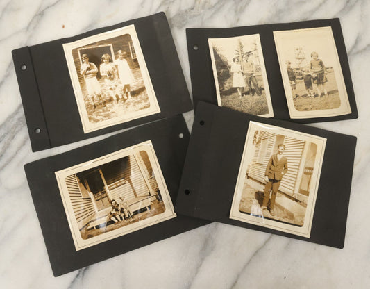 Lot 124 - Grouping Of Vintage Early 20th Century Snapshot Photo Album Pages, 9 Snapshots Including Children With Cats, Monson Town Farm Stoop, Kids On Horseback, Etc.