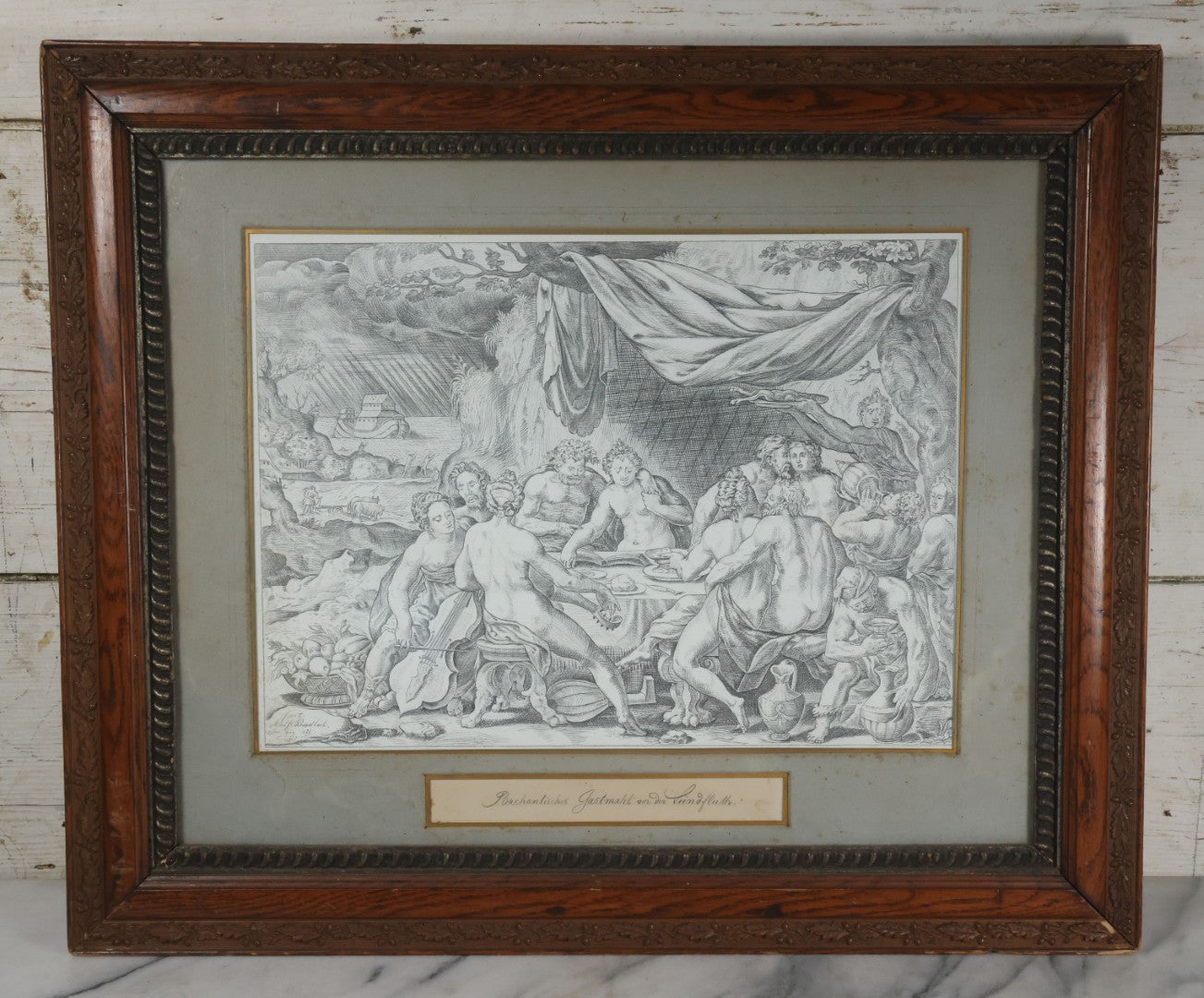 Lot 001 - Antique Hand Drawn Pencil Illustration After Johann Sadeler (Netherlands, 1550 - 1600) "The Sinful Humanity Before The Flood," Artist Signed Carl J. Brerdbach, Dated 1871, Lower Left, In Ornate Frame, 26-7/8" x 22-3/8"