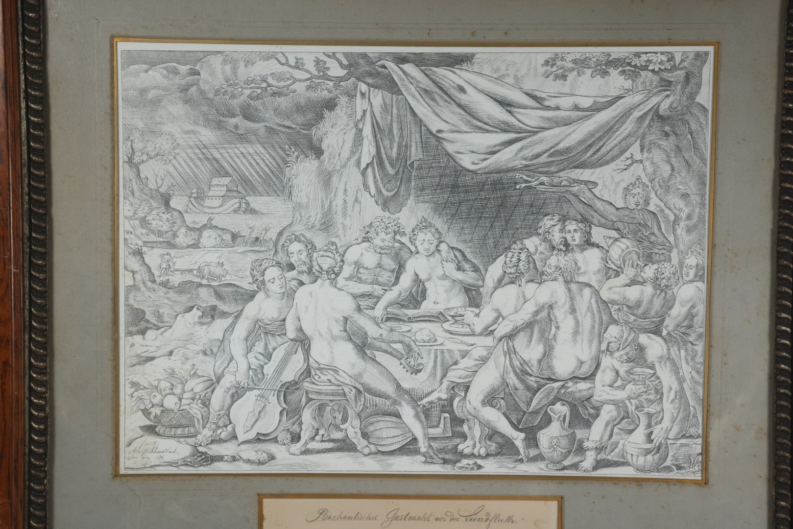 Lot 001 - Antique Hand Drawn Pencil Illustration After Johann Sadeler (Netherlands, 1550 - 1600) "The Sinful Humanity Before The Flood," Artist Signed Carl J. Brerdbach, Dated 1871, Lower Left, In Ornate Frame, 26-7/8" x 22-3/8"