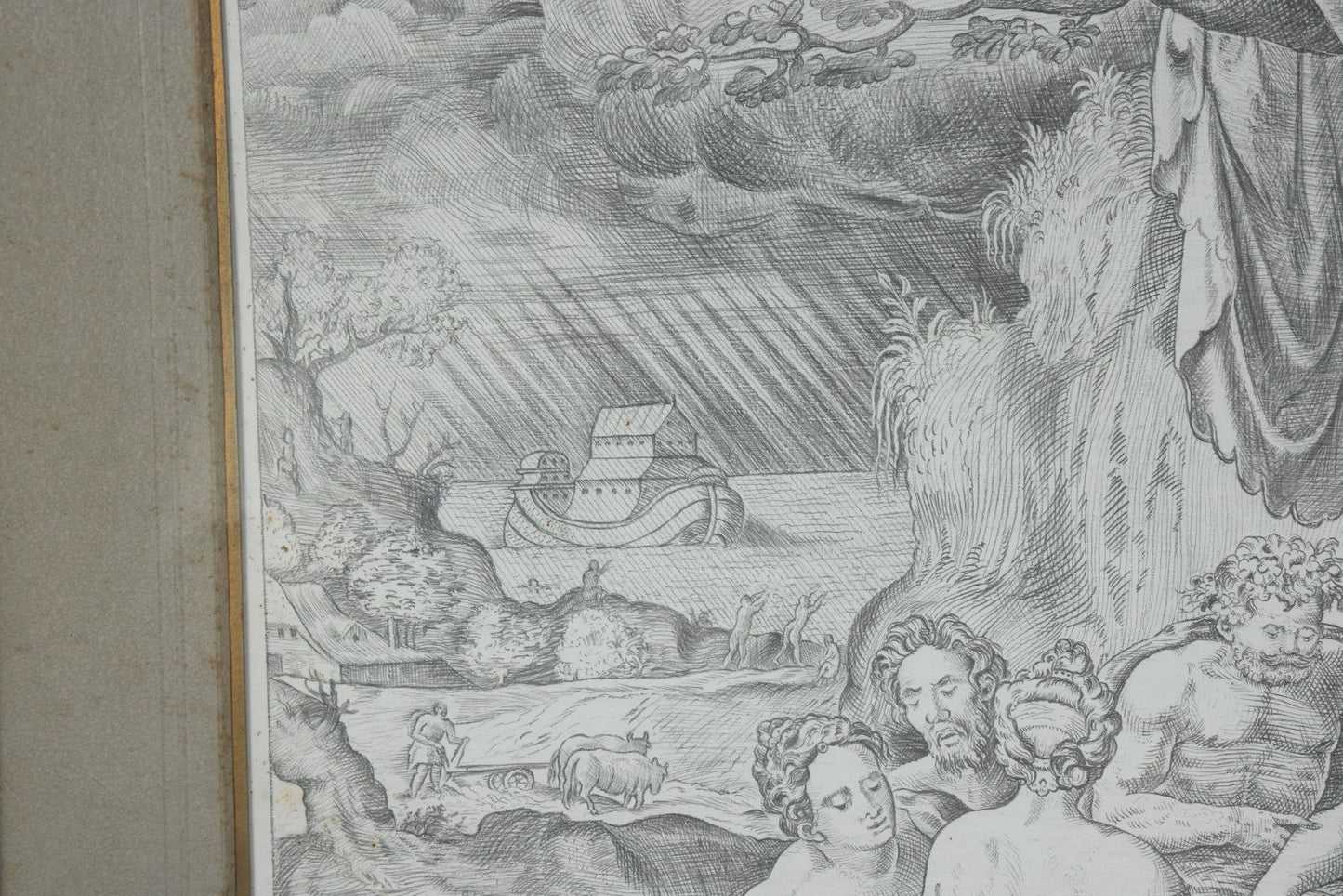 Lot 001 - Antique Hand Drawn Pencil Illustration After Johann Sadeler (Netherlands, 1550 - 1600) "The Sinful Humanity Before The Flood," Artist Signed Carl J. Brerdbach, Dated 1871, Lower Left, In Ornate Frame, 26-7/8" x 22-3/8"
