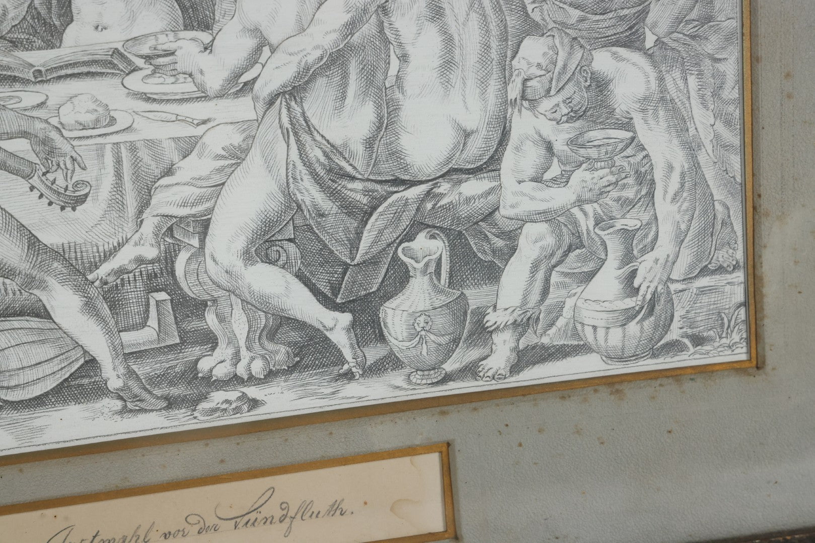 Lot 001 - Antique Hand Drawn Pencil Illustration After Johann Sadeler (Netherlands, 1550 - 1600) "The Sinful Humanity Before The Flood," Artist Signed Carl J. Brerdbach, Dated 1871, Lower Left, In Ornate Frame, 26-7/8" x 22-3/8"
