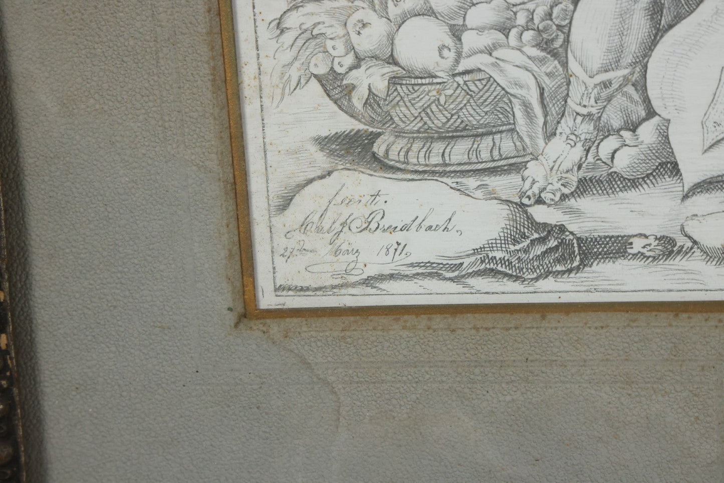 Lot 001 - Antique Hand Drawn Pencil Illustration After Johann Sadeler (Netherlands, 1550 - 1600) "The Sinful Humanity Before The Flood," Artist Signed Carl J. Brerdbach, Dated 1871, Lower Left, In Ornate Frame, 26-7/8" x 22-3/8"