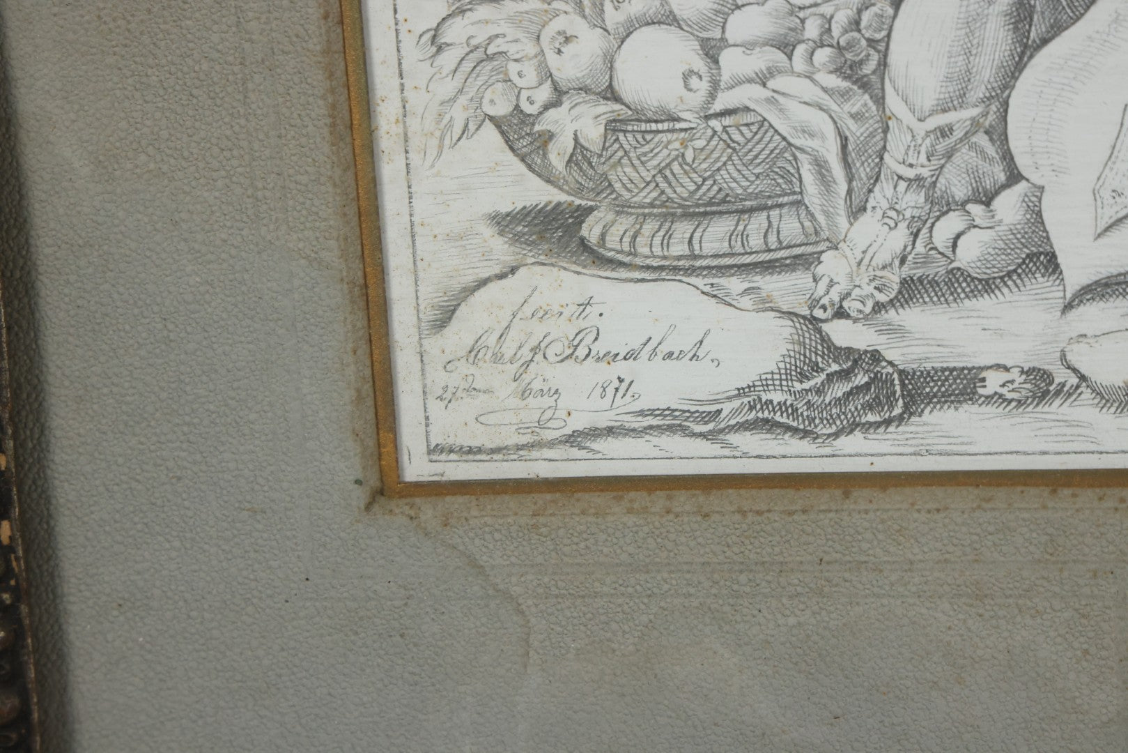 Lot 001 - Antique Hand Drawn Pencil Illustration After Johann Sadeler (Netherlands, 1550 - 1600) "The Sinful Humanity Before The Flood," Artist Signed Carl J. Brerdbach, Dated 1871, Lower Left, In Ornate Frame, 26-7/8" x 22-3/8"