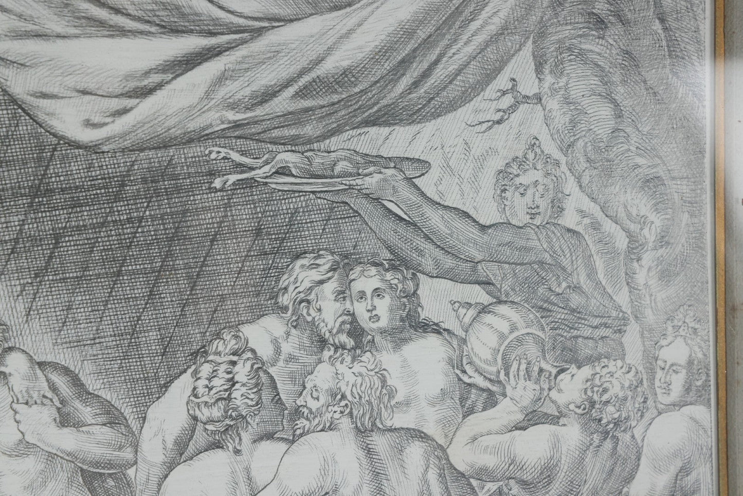 Lot 001 - Antique Hand Drawn Pencil Illustration After Johann Sadeler (Netherlands, 1550 - 1600) "The Sinful Humanity Before The Flood," Artist Signed Carl J. Brerdbach, Dated 1871, Lower Left, In Ornate Frame, 26-7/8" x 22-3/8"