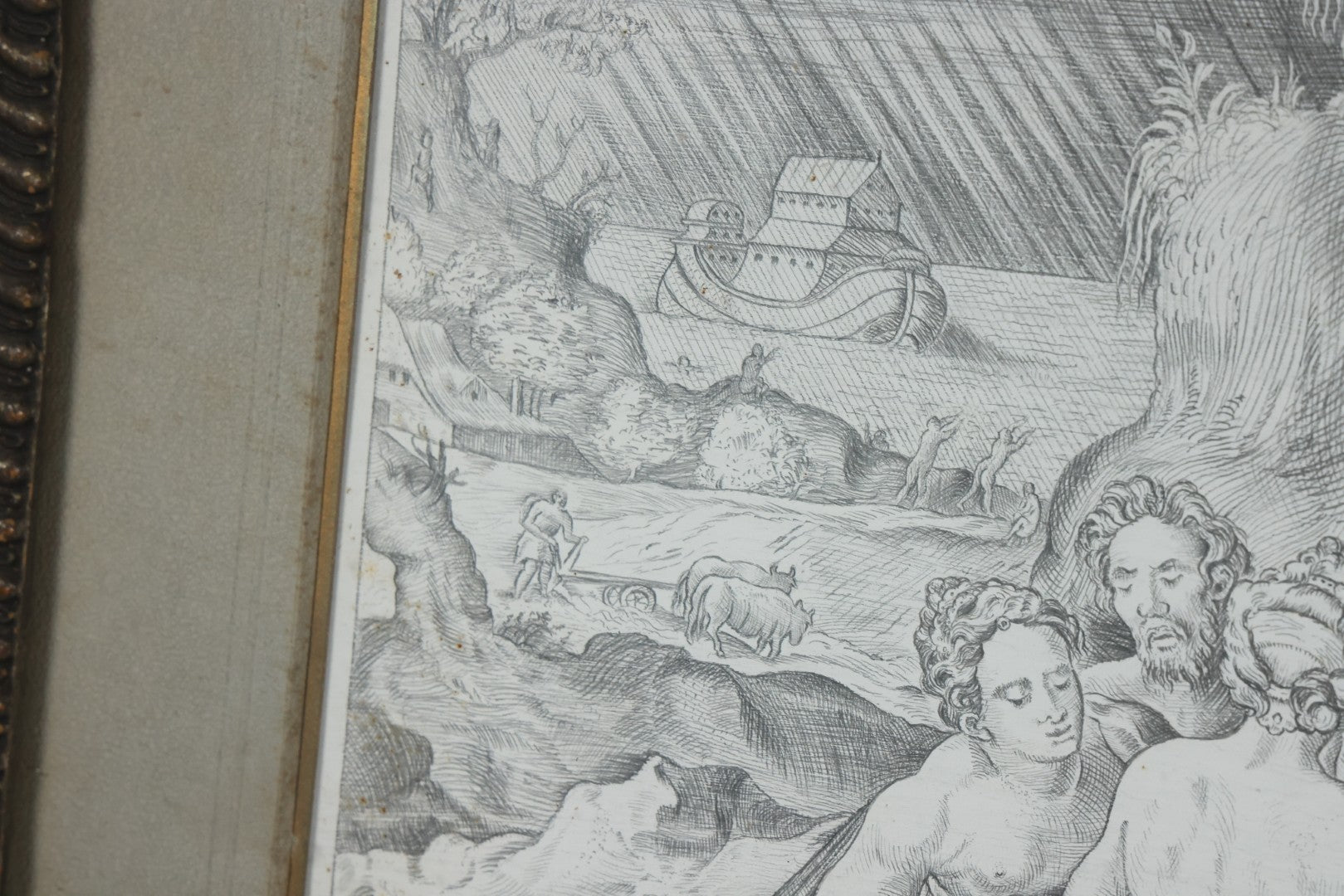 Lot 001 - Antique Hand Drawn Pencil Illustration After Johann Sadeler (Netherlands, 1550 - 1600) "The Sinful Humanity Before The Flood," Artist Signed Carl J. Brerdbach, Dated 1871, Lower Left, In Ornate Frame, 26-7/8" x 22-3/8"