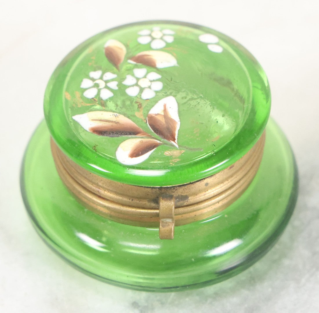 Lot 107 - Vintage Green Glass Pill Box With Hand Painted Flower Details And Brass Latch (Does Not Glow Under Blacklight), 2" Diameter