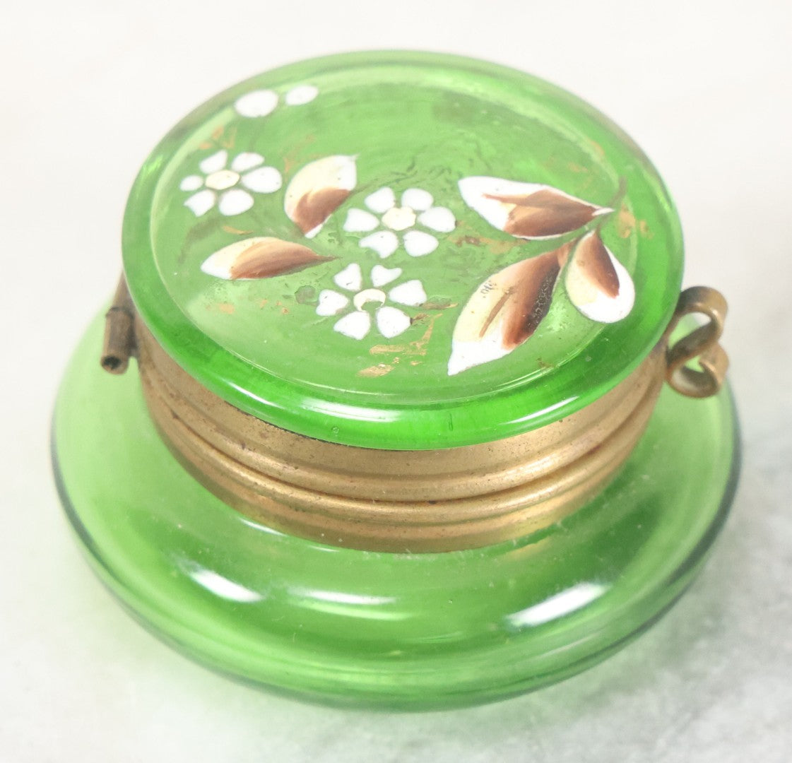 Lot 107 - Vintage Green Glass Pill Box With Hand Painted Flower Details And Brass Latch (Does Not Glow Under Blacklight), 2" Diameter