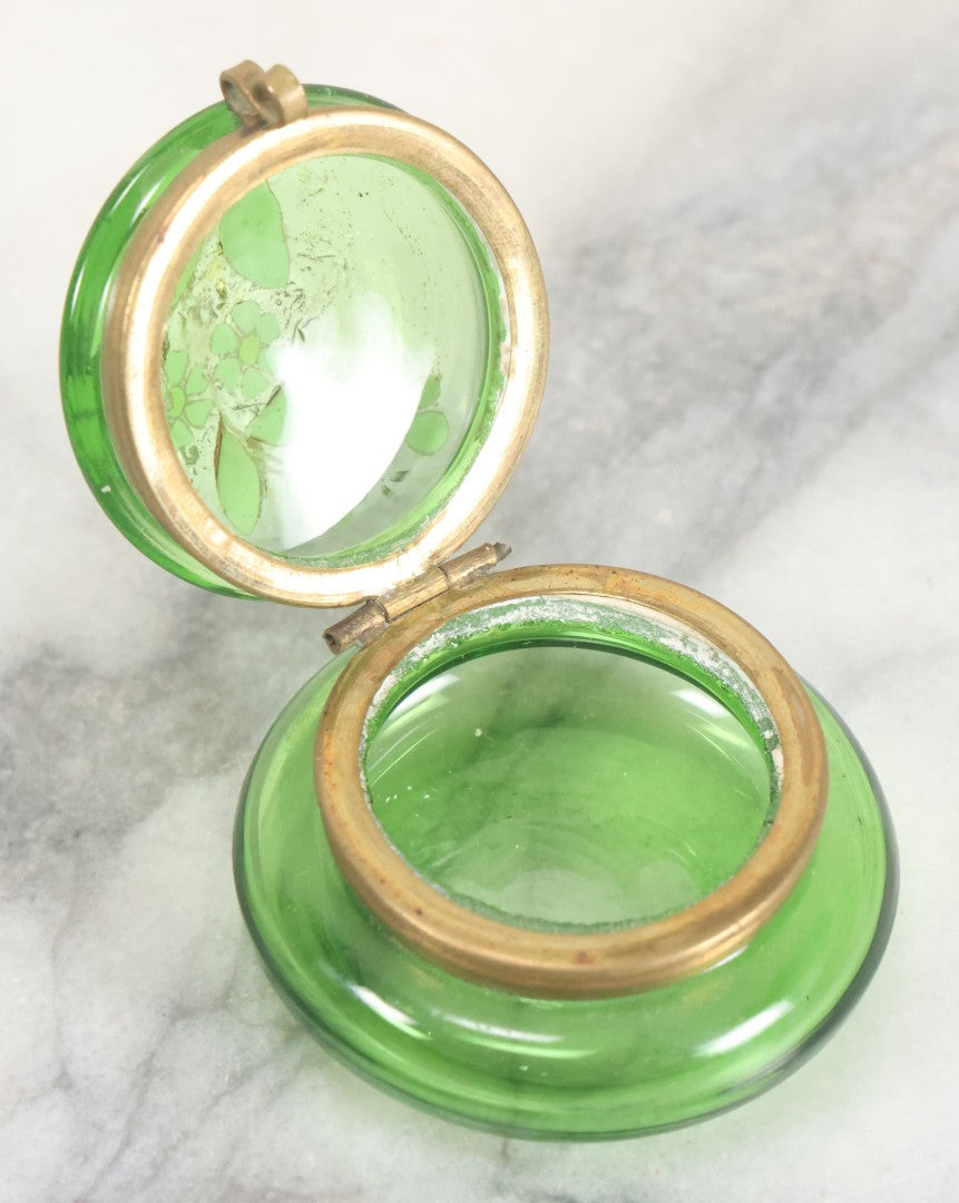 Lot 107 - Vintage Green Glass Pill Box With Hand Painted Flower Details And Brass Latch (Does Not Glow Under Blacklight), 2" Diameter