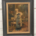 Lot 008 - Antique Painting On Wood Panel Of Victorian Woman In Blue Dress Holding Swaddled Baby By Park Bench, Unsigned, In Modern Frame, 9-1/2" x 11-7/8"