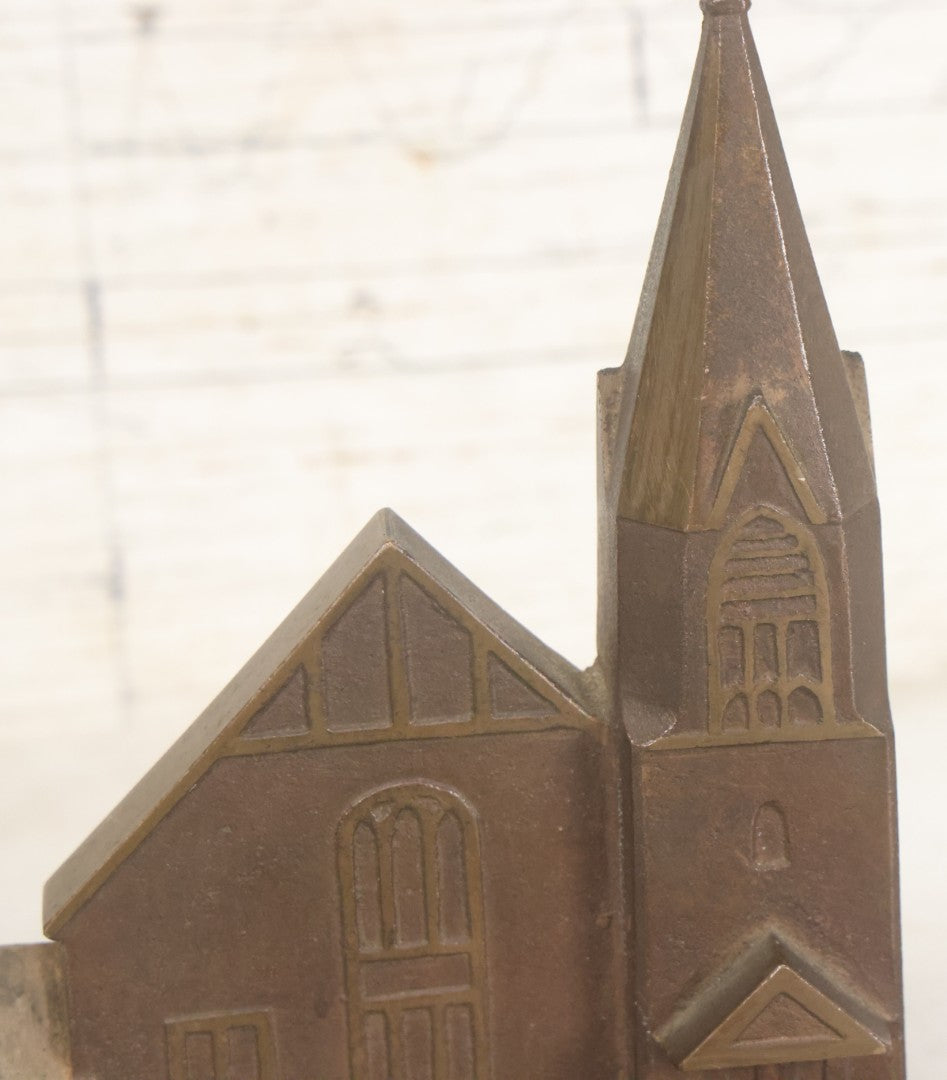 Lot 013 - Antique Single Cast Metal Church Bookend Figurine With Steeple With Cross