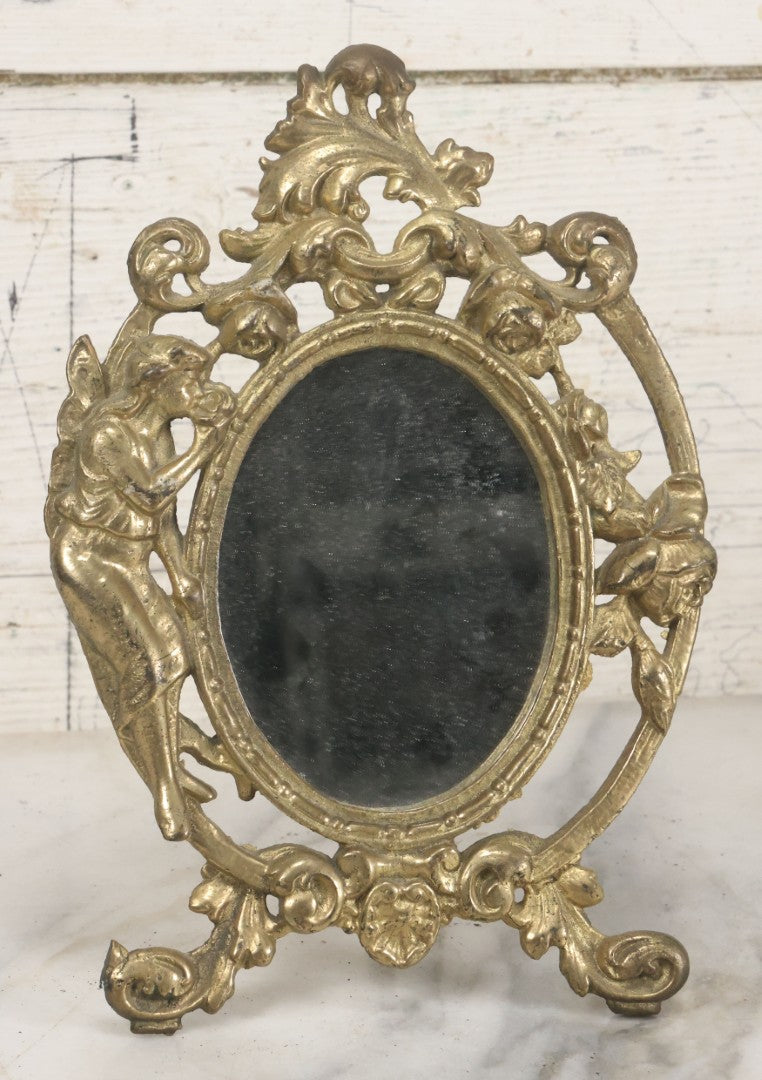 Lot 014 - Antique Cast Iron Gold Painted Mirror With Fairy Motif, Note Damage, Loss To Left Side