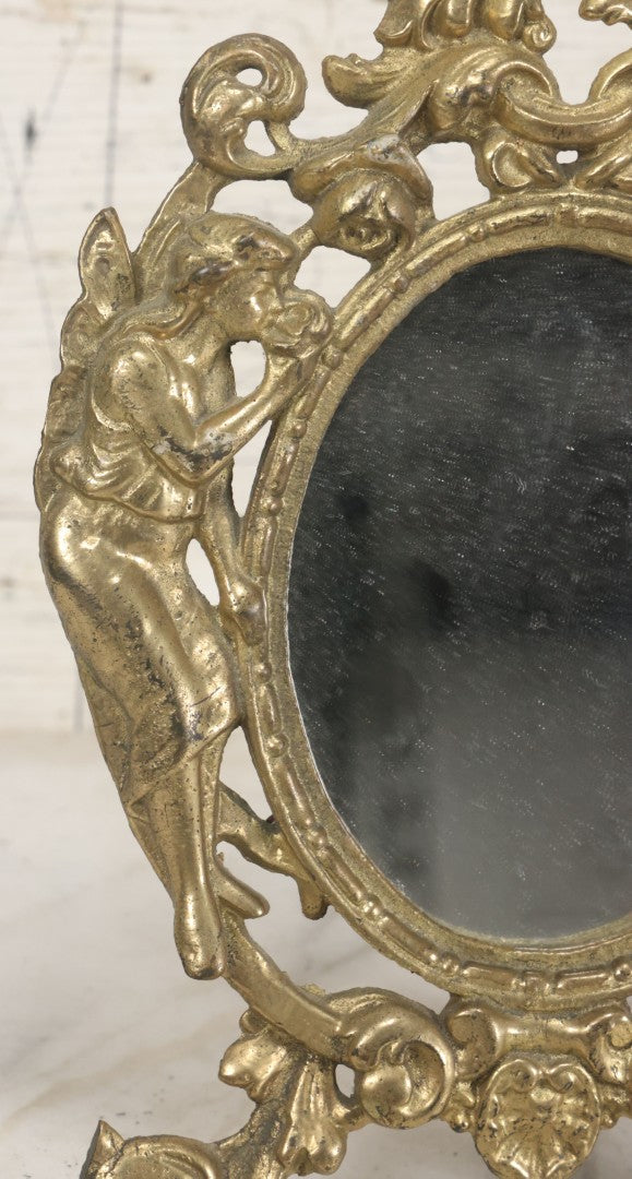 Lot 014 - Antique Cast Iron Gold Painted Mirror With Fairy Motif, Note Damage, Loss To Left Side