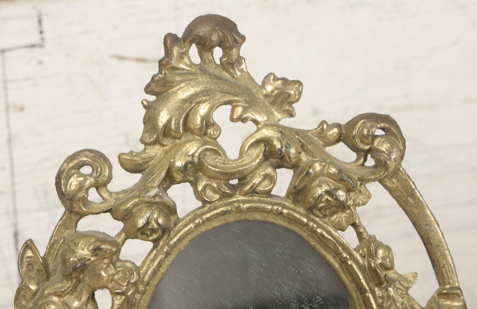 Lot 014 - Antique Cast Iron Gold Painted Mirror With Fairy Motif, Note Damage, Loss To Left Side