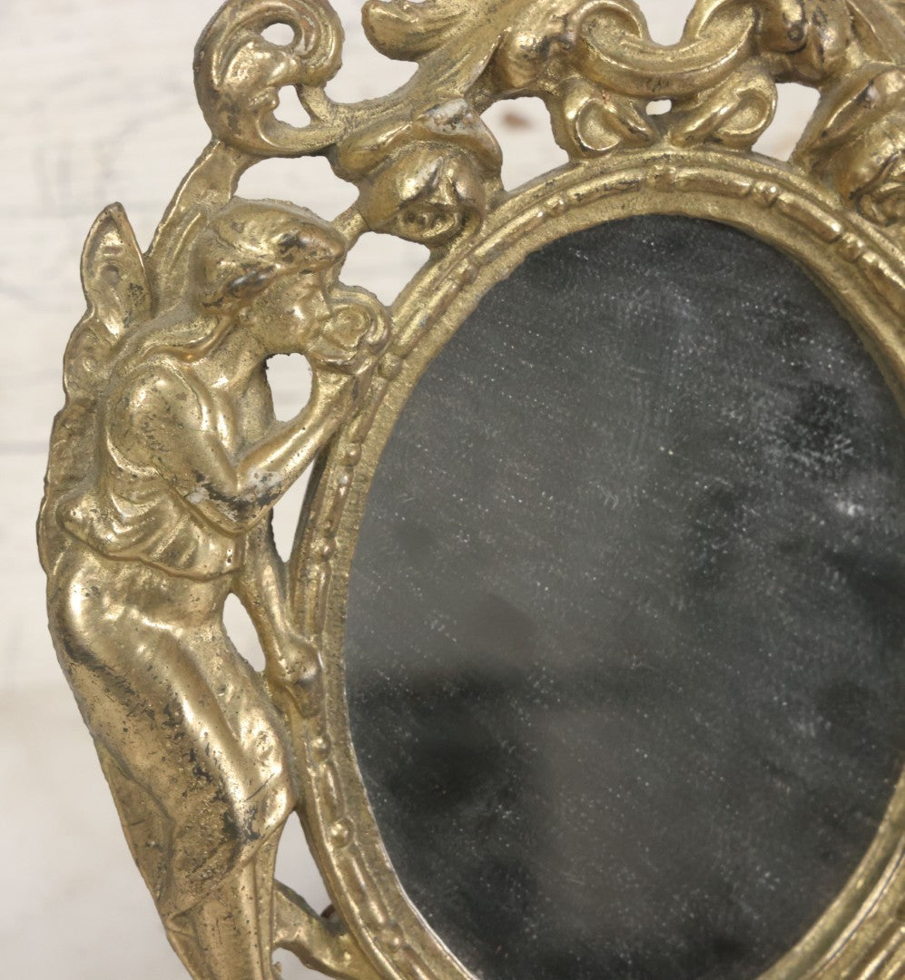 Lot 014 - Antique Cast Iron Gold Painted Mirror With Fairy Motif, Note Damage, Loss To Left Side