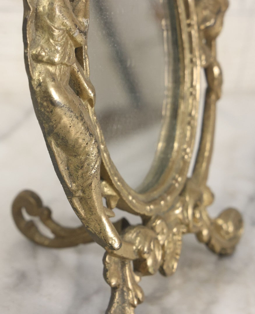 Lot 014 - Antique Cast Iron Gold Painted Mirror With Fairy Motif, Note Damage, Loss To Left Side