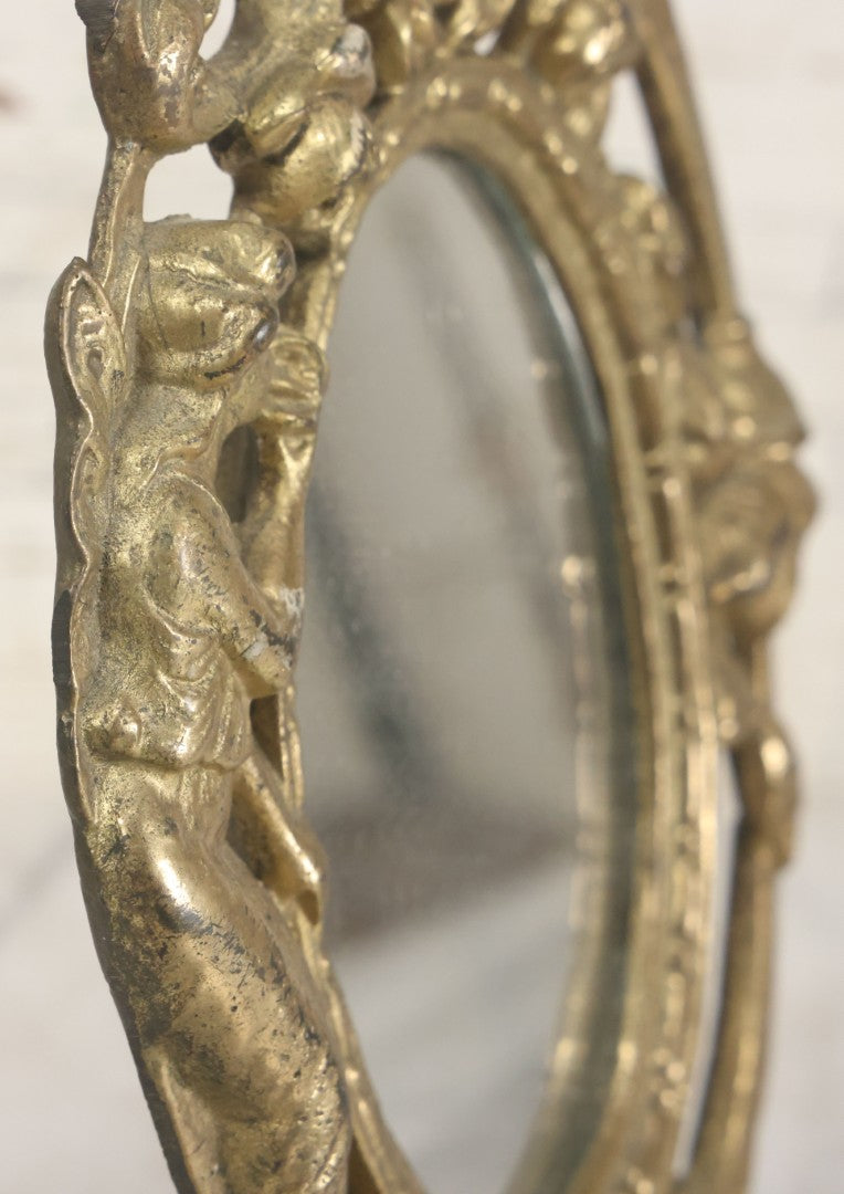Lot 014 - Antique Cast Iron Gold Painted Mirror With Fairy Motif, Note Damage, Loss To Left Side