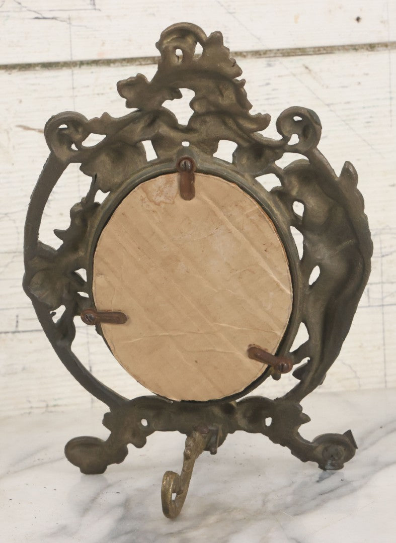 Lot 014 - Antique Cast Iron Gold Painted Mirror With Fairy Motif, Note Damage, Loss To Left Side