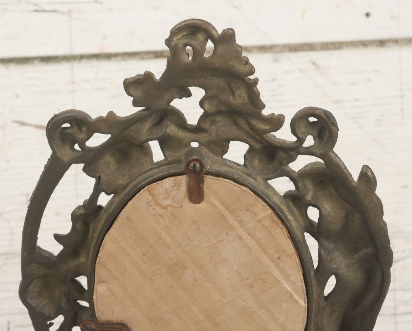 Lot 014 - Antique Cast Iron Gold Painted Mirror With Fairy Motif, Note Damage, Loss To Left Side