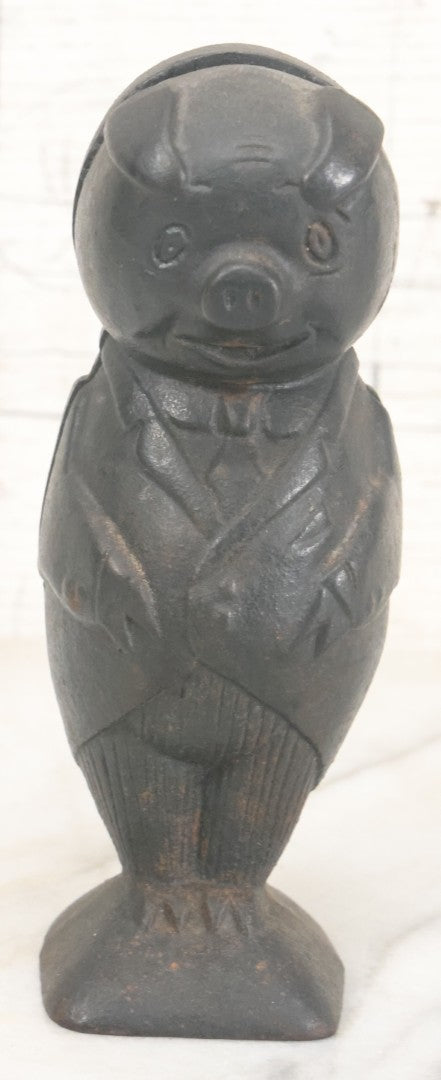 Lot 015 - Vintage Reproduction Cast Iron Pig In Suit Piggy Still Bank In Black Paint