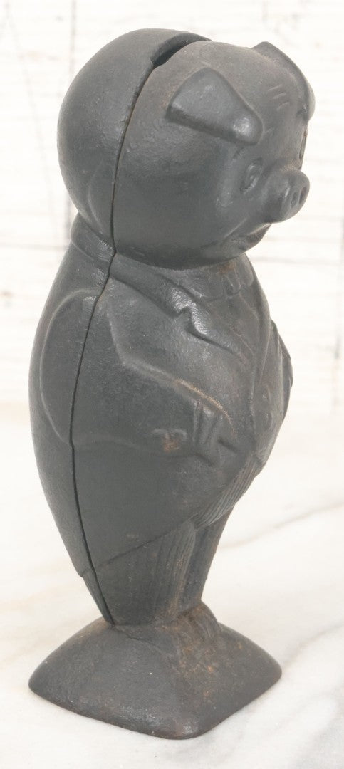 Lot 015 - Vintage Reproduction Cast Iron Pig In Suit Piggy Still Bank In Black Paint