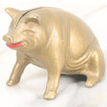 Lot 016 - Vintage Cast Iron Squatting Pig Piggy Still Bank In Gold Paint With Red Lips