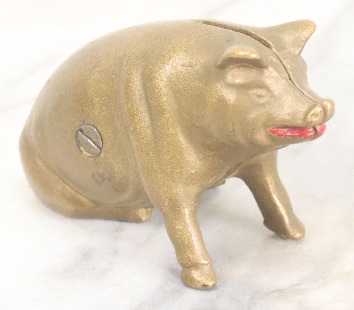 Lot 016 - Vintage Cast Iron Squatting Pig Piggy Still Bank In Gold Paint With Red Lips