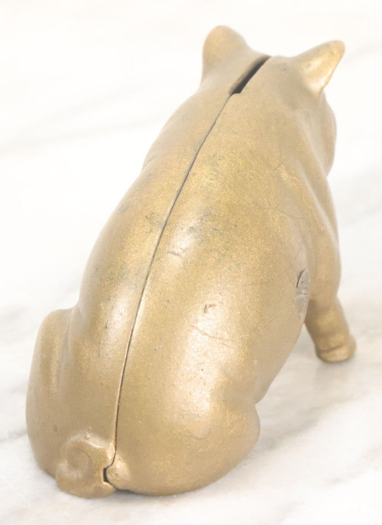 Lot 016 - Vintage Cast Iron Squatting Pig Piggy Still Bank In Gold Paint With Red Lips