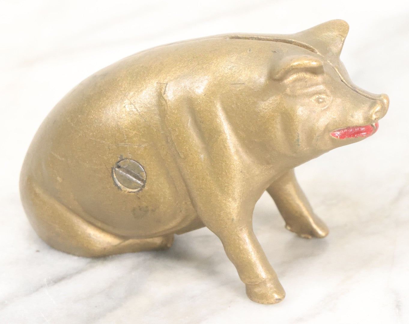 Lot 016 - Vintage Cast Iron Squatting Pig Piggy Still Bank In Gold Paint With Red Lips