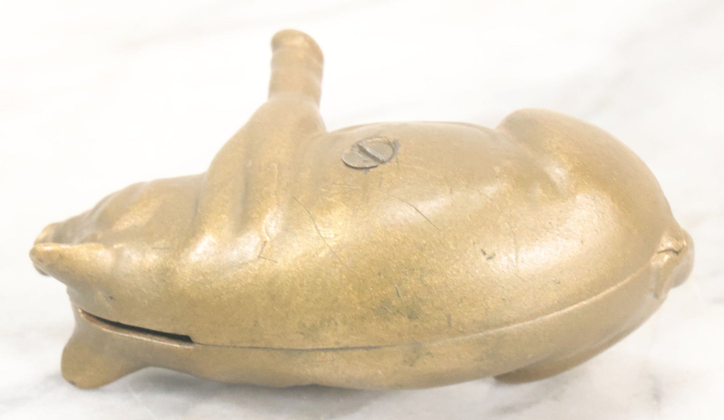Lot 016 - Vintage Cast Iron Squatting Pig Piggy Still Bank In Gold Paint With Red Lips