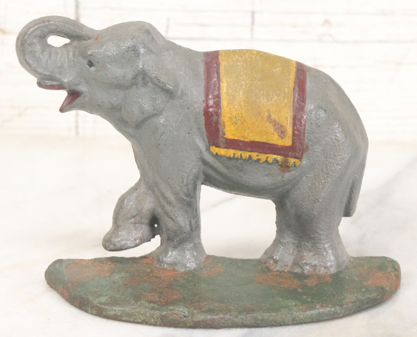 Lot 017 - Vintage Cast Iron Elephant Door Stop, Repainted, With Yellow And Red Blanket