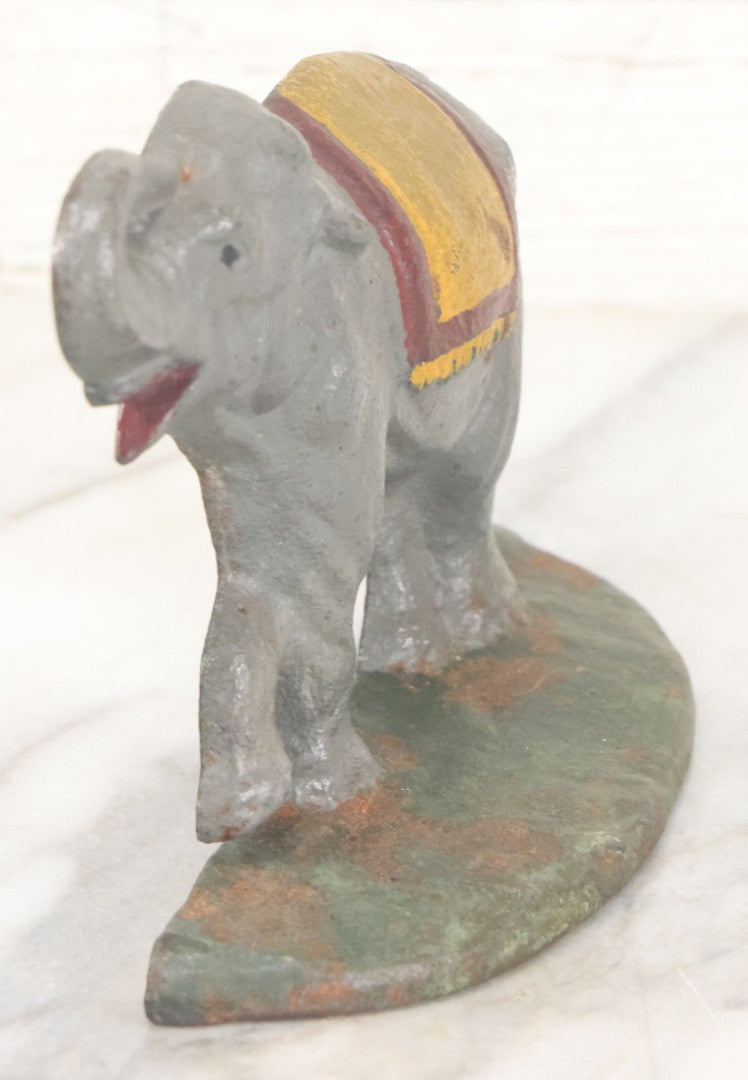 Lot 017 - Vintage Cast Iron Elephant Door Stop, Repainted, With Yellow And Red Blanket