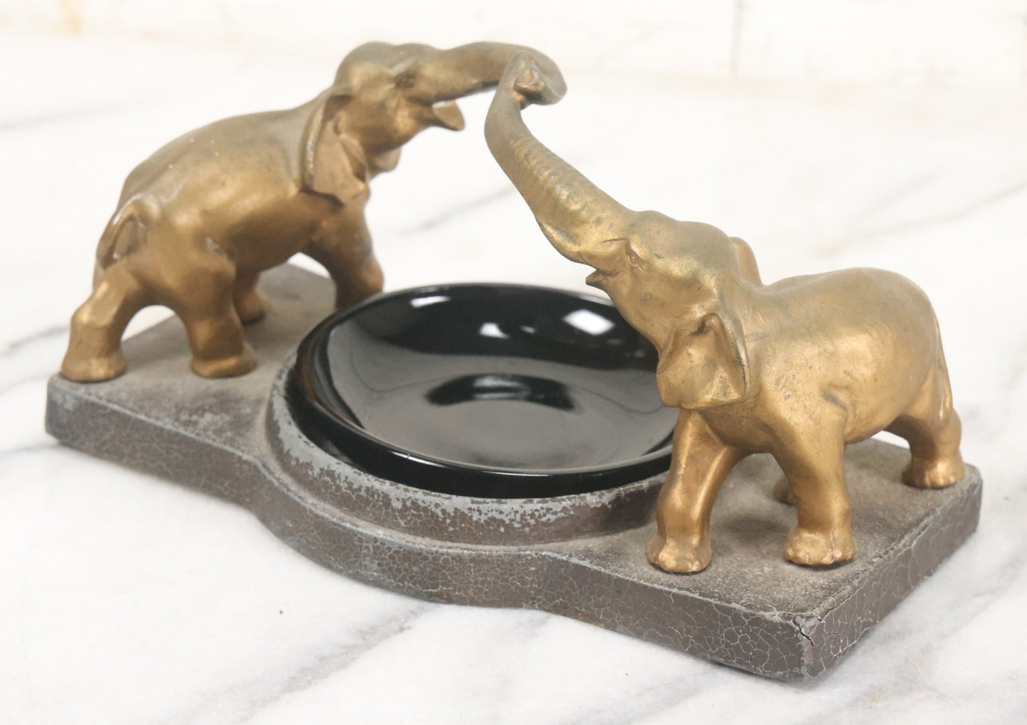 Lot 018 - Vintage Cast Pot Metal Elephant Trinket Dish And Amethyst Glass Insert, Note Various Wear, Cracks