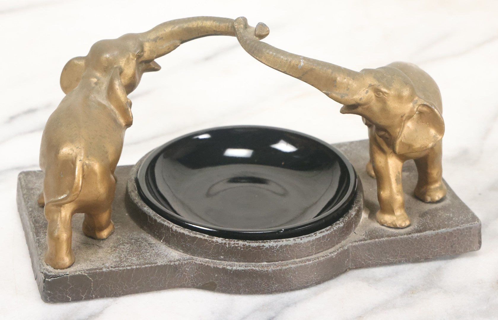 Lot 018 - Vintage Cast Pot Metal Elephant Trinket Dish And Amethyst Glass Insert, Note Various Wear, Cracks